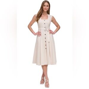 DKNY Cream Button-Down Midi Dress With Belt
